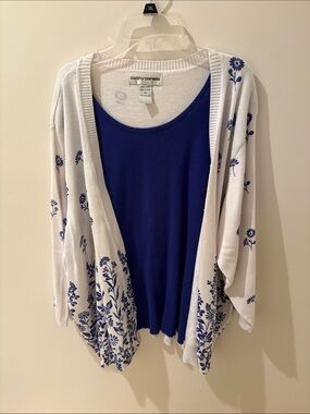 Cathy Daniels White Cardigan with Royal Blue Floral Print and Royal Blue Tank